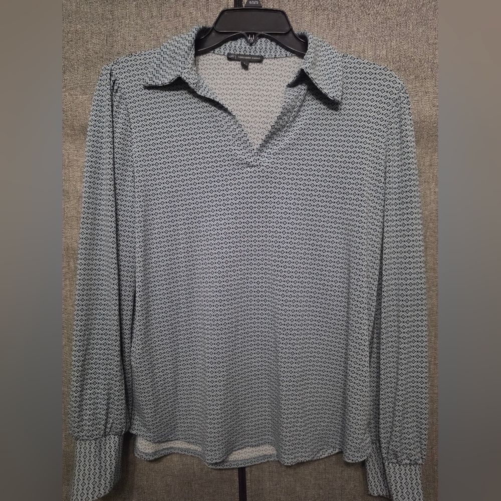 Adrianna Papell Blue Geometric Print Long Sleeve Blouse